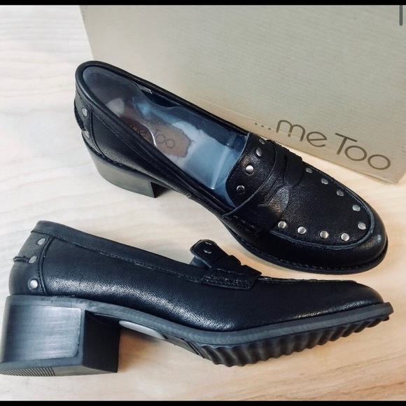 Me Too Dani goat Leather Heeled Loafer Black 6 stud studded - Picture 1 of 5